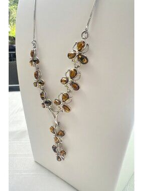 Sterling Silver Amber Flower Pendant Necklace 16"-18" Adjustable Chain V Design